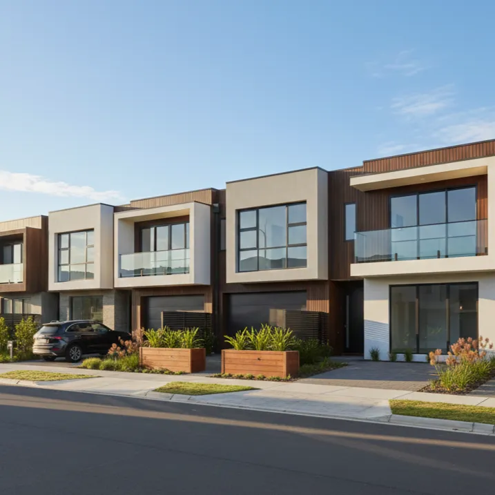 Row of modern two-story townhouses with large windows, glass balconies, and wooden planters in front yards.