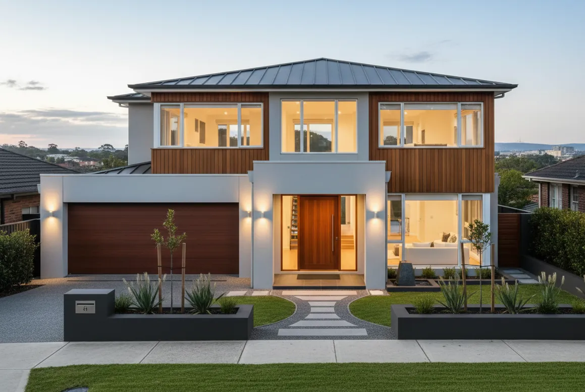 Modern two-story house with wooden accents, large windows, and a double garage, illuminated at dusk.