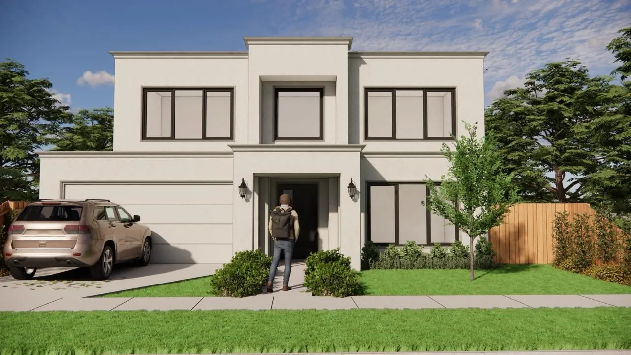 Two-story modern house with beige exterior, large windows, a parked SUV in the driveway, and a person with a backpack approaching the front door.