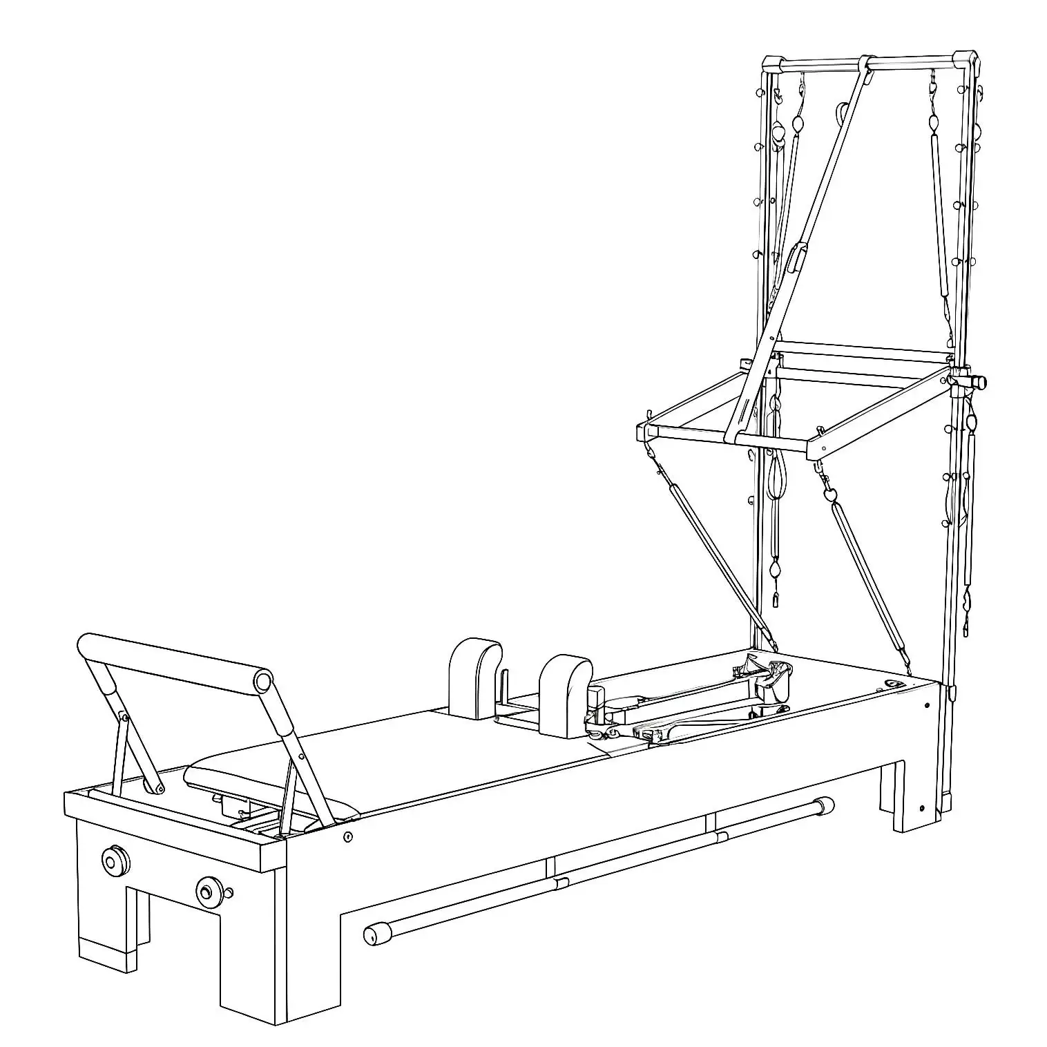 Schwarz-weiße technische Zeichnung eines Pilates Reformer mit einem Rahmen, Polster und Seilzügen.