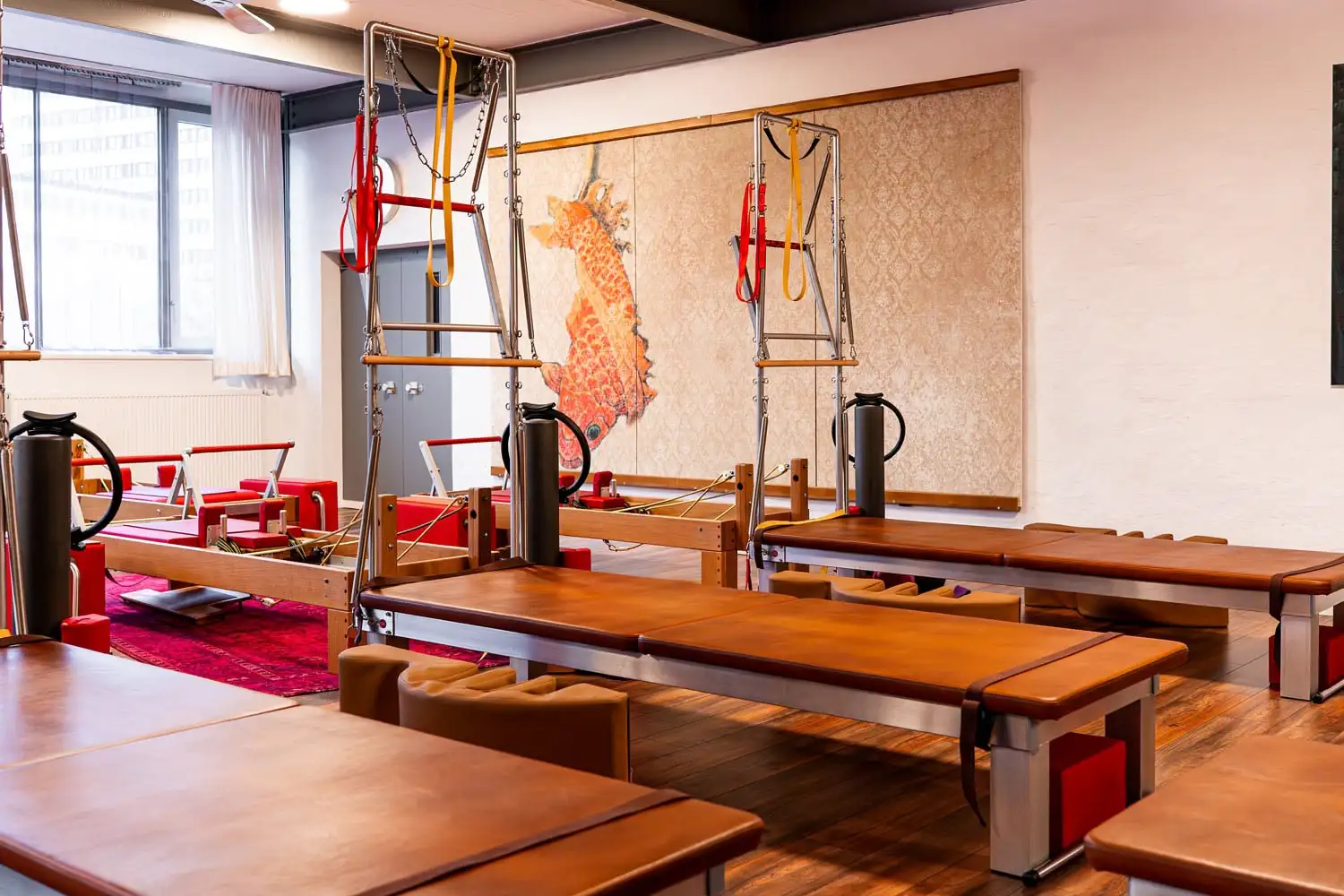 Innenansicht eines Pilates-Studios in Hannover mit mehreren Wall Unit (Matte) und Reformer