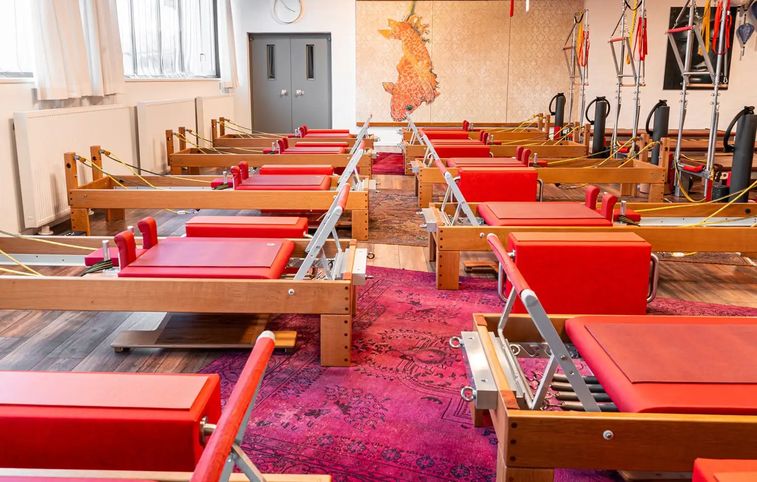 Pilates Studio in Hannover mit Reihen von Pilates-Reformern mit roten Polstern