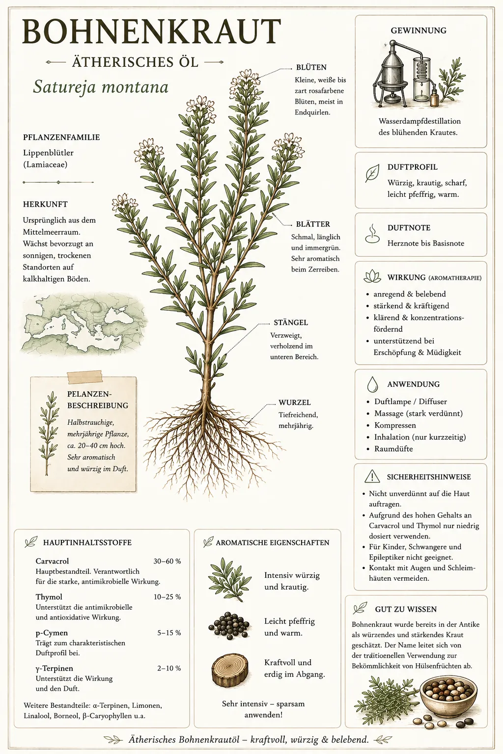Botanische Zeichnung der Bohnenkrautpflanze (Satureja montana) mit Informationen zum ätherischen Öl.