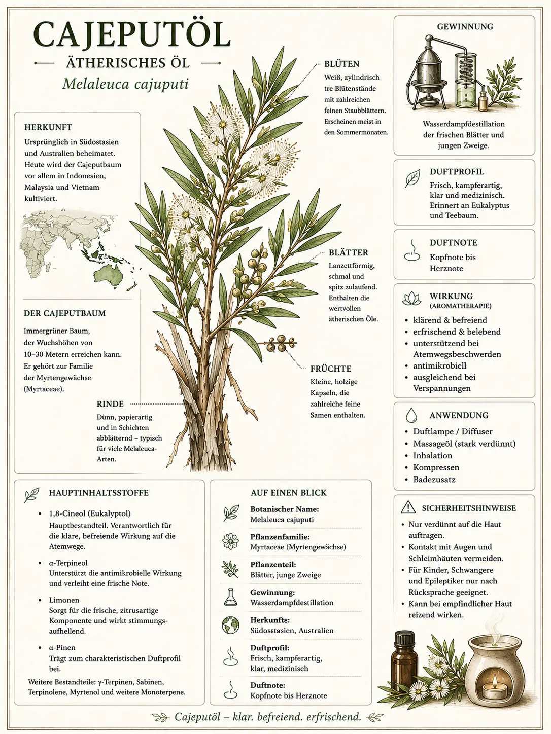 Botanische Zeichnung der Cajeput-Pflanze (Melaleuca cajuputi) mit Informationen zum ätherischen Öl.