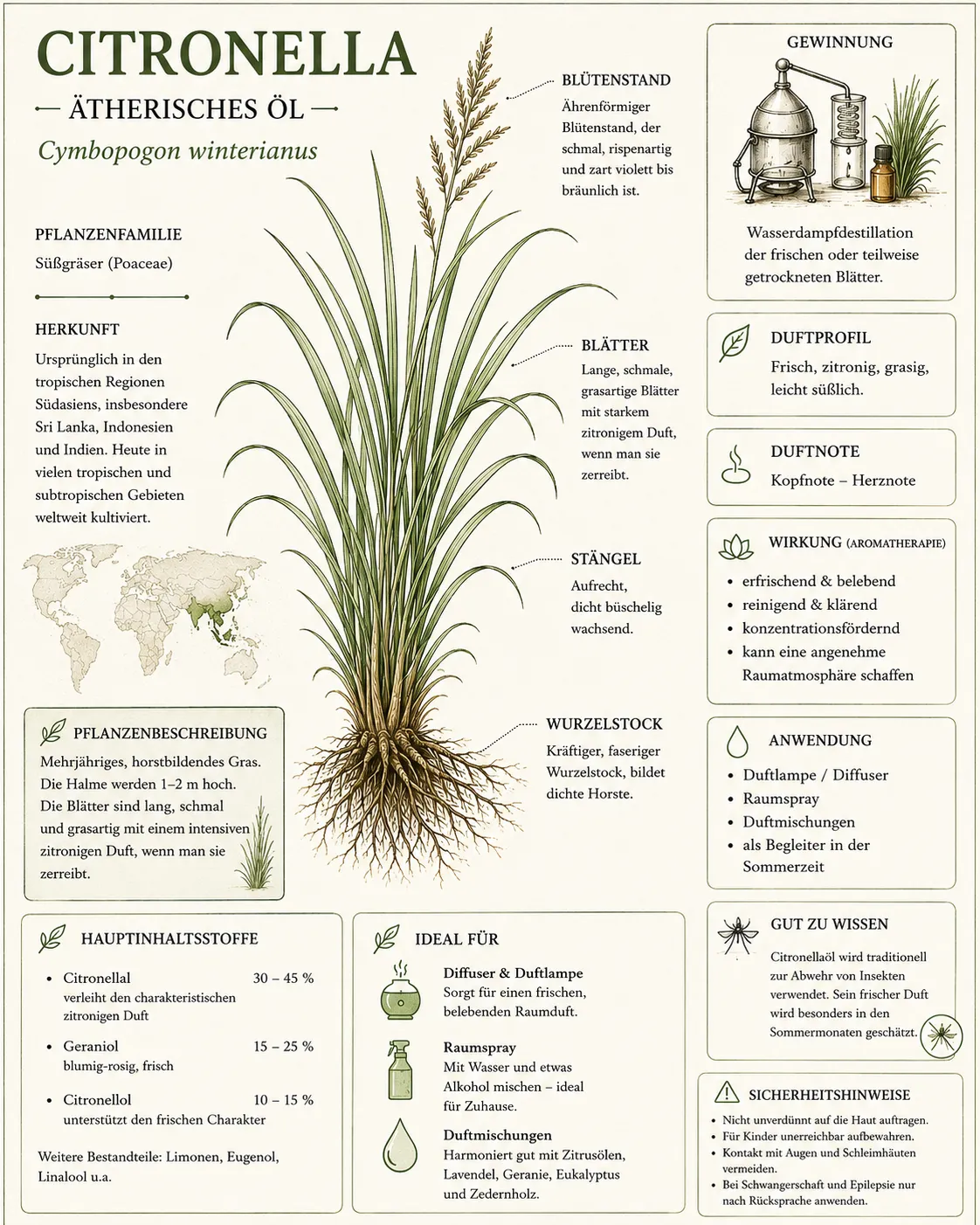 Botanische Illustration der Citronellapflanze (Cymbopogon winterianus) mit Informationen zu Herkunft, Gewinnung, Duftprofil und den wichtigsten Inhaltsstoffen des ätherischen Citronellaöls.