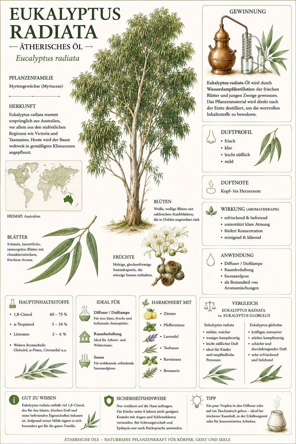 Botanische Illustration des Eukalyptus radiata mit Informationen zu Herkunft, Gewinnung, Duftprofil und den wichtigsten Eigenschaften des ätherischen Eukalyptus-radiata-Öls.