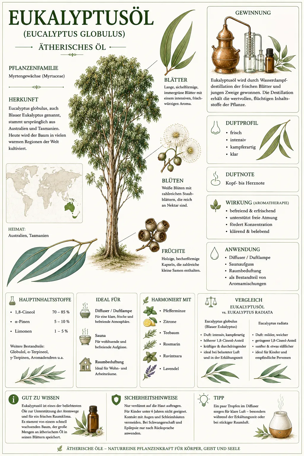 Botanische Illustration des Blauen Eukalyptus (Eucalyptus globulus) mit Informationen zu Herkunft, Gewinnung, Duftprofil und den wichtigsten Eigenschaften des ätherischen Eukalyptusöls.