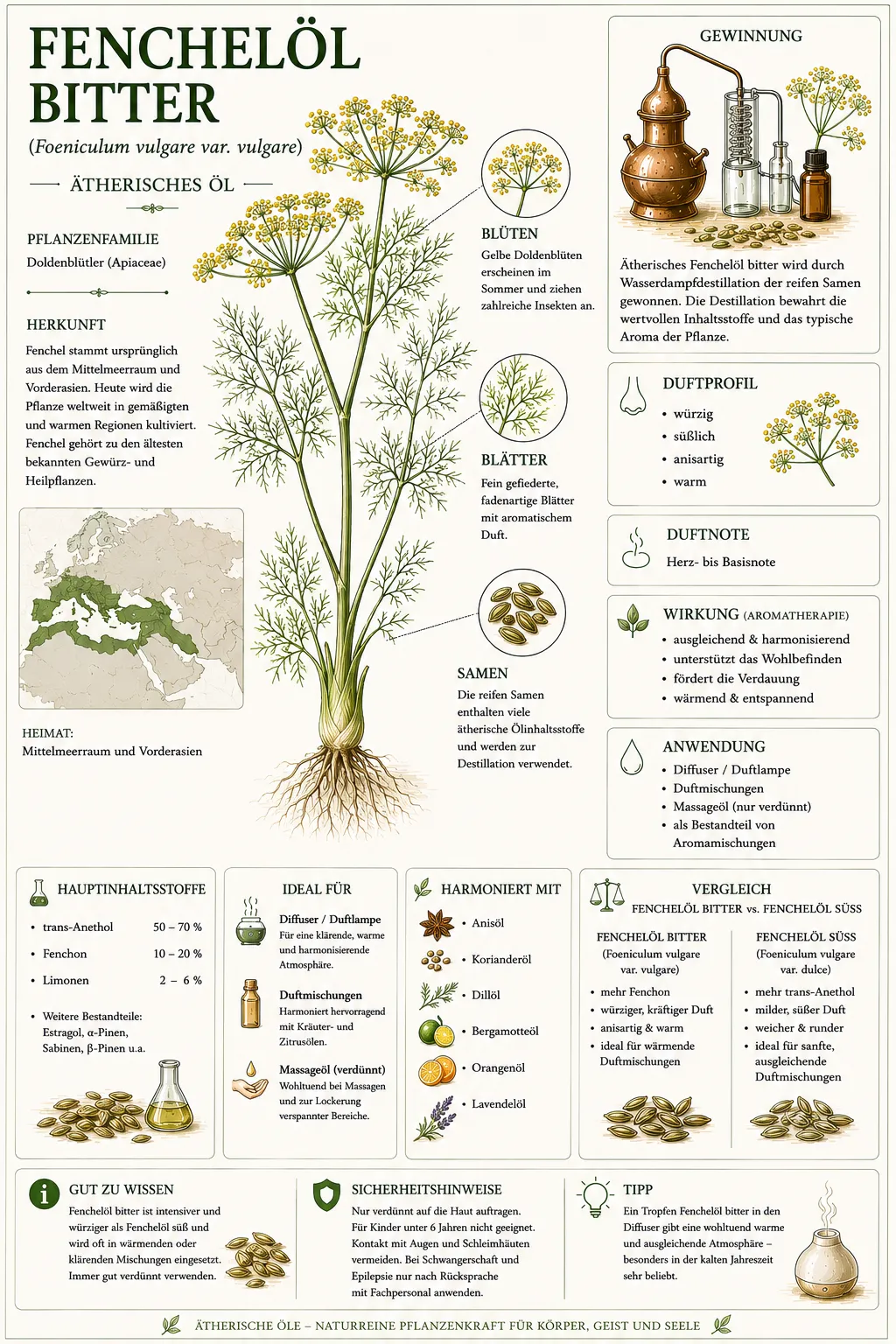 Botanische Illustration des Bitterfenchels (Foeniculum vulgare var. vulgare) mit Informationen zu Herkunft, Gewinnung, Duftprofil und den wichtigsten Eigenschaften des ätherischen Fenchelöls bitter. Dateiname
