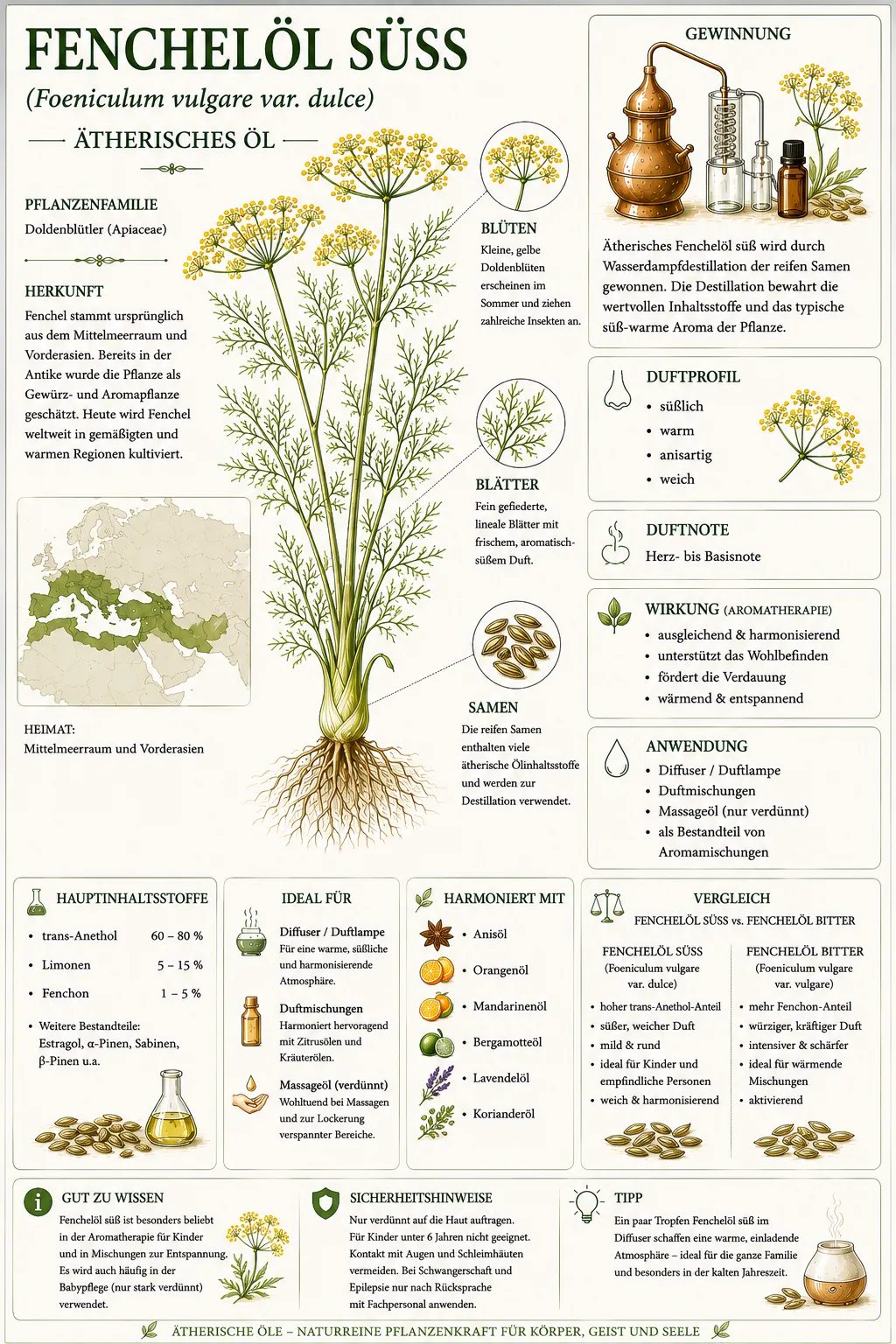 Botanische Illustration des Süßfenchels (Foeniculum vulgare var. dulce) mit Informationen zu Herkunft, Gewinnung, Duftprofil und den wichtigsten Eigenschaften des ätherischen Fenchelöls süß.