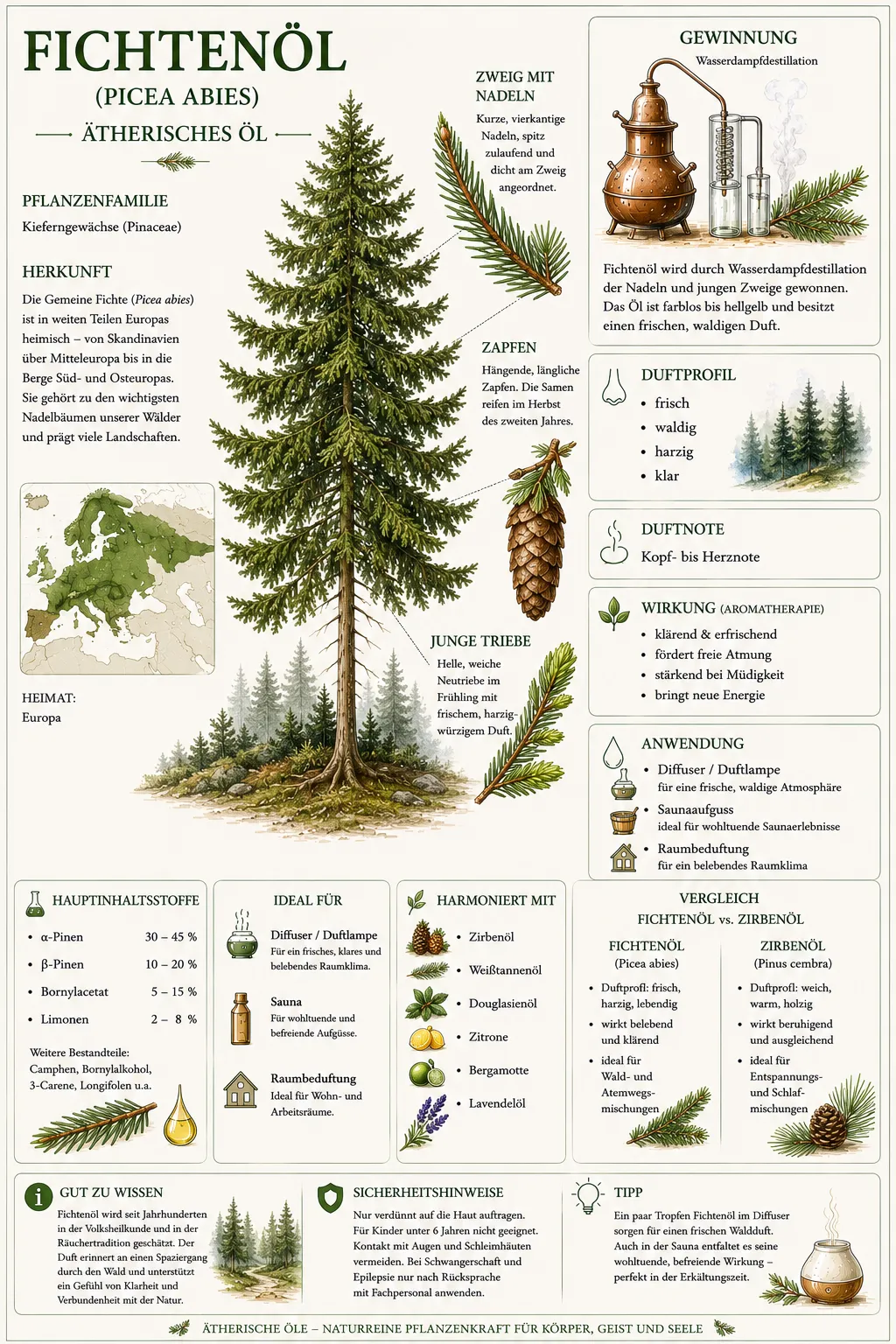 Botanische Illustration der Gemeinen Fichte (Picea abies) mit Informationen zu Herkunft, Gewinnung, Duftprofil und den wichtigsten Eigenschaften des ätherischen Fichtenöls.