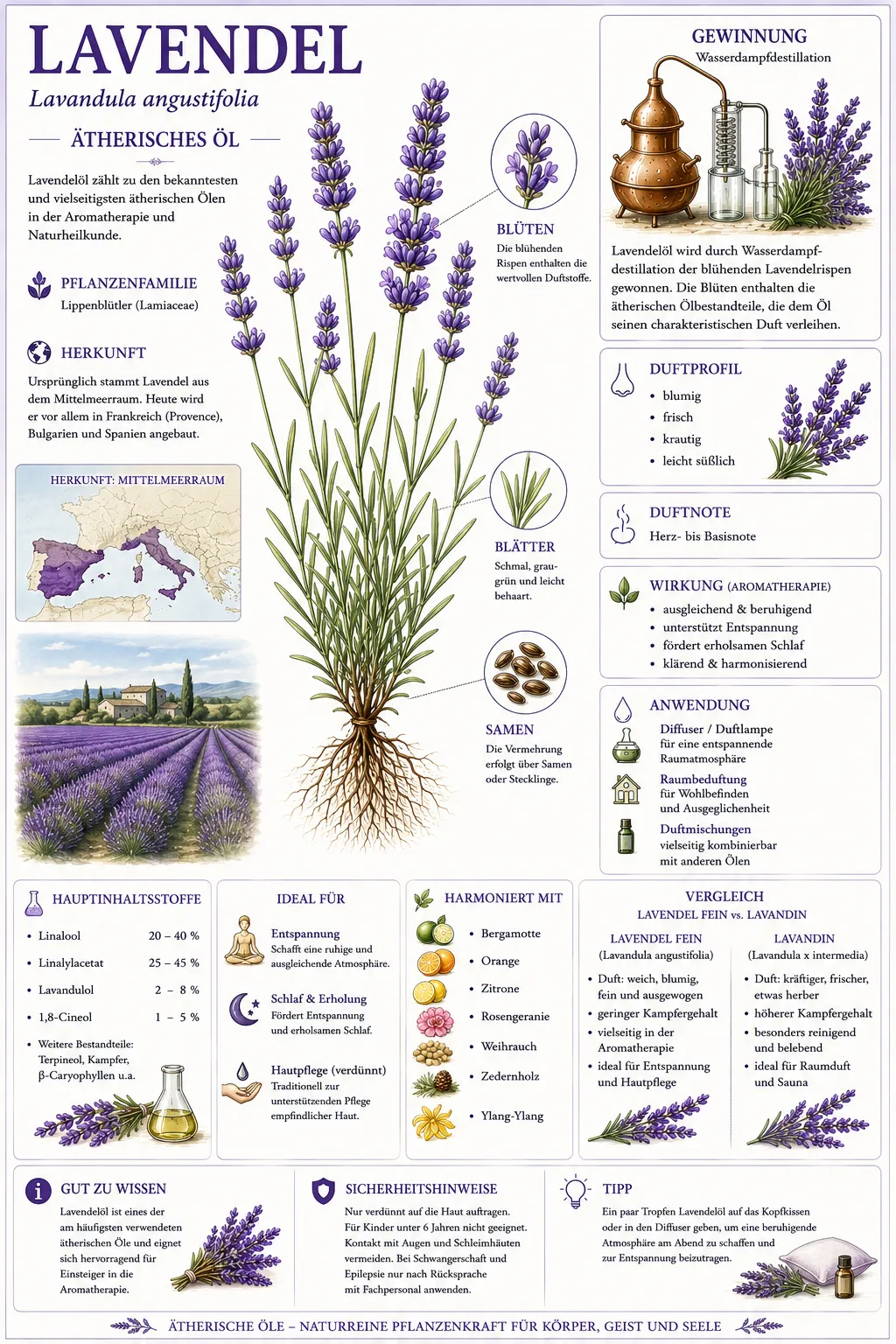 Botanische Illustration des Echten Lavendels (Lavandula angustifolia) mit Informationen zu Herkunft, Gewinnung, Duftprofil und den wichtigsten Eigenschaften des ätherischen Lavendelöls.