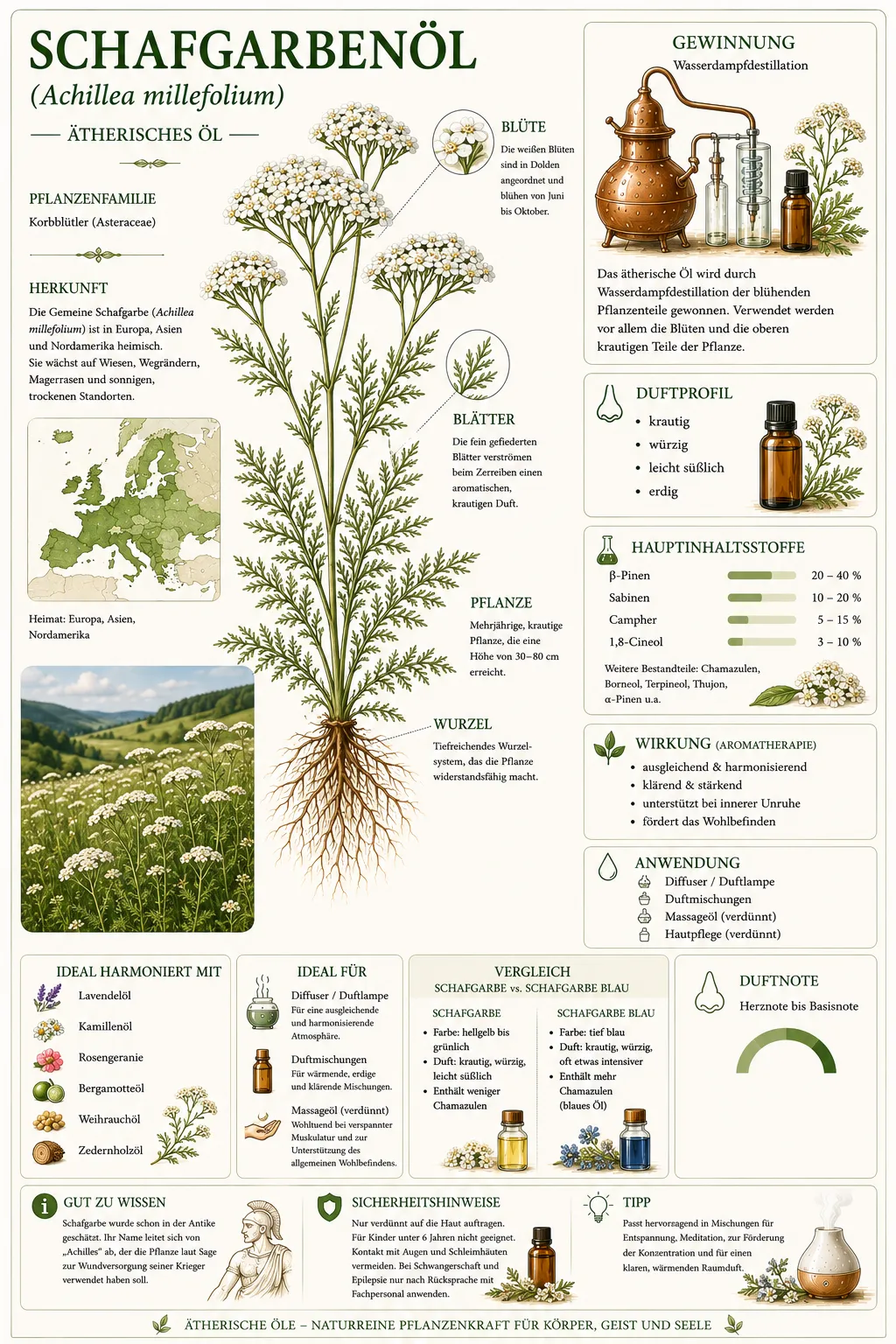 Botanische Illustration der Gemeinen Schafgarbe (Achillea millefolium) mit Informationen zu Herkunft, Gewinnung, Duftprofil und den wichtigsten Eigenschaften des ätherischen Schafgarbenöls.