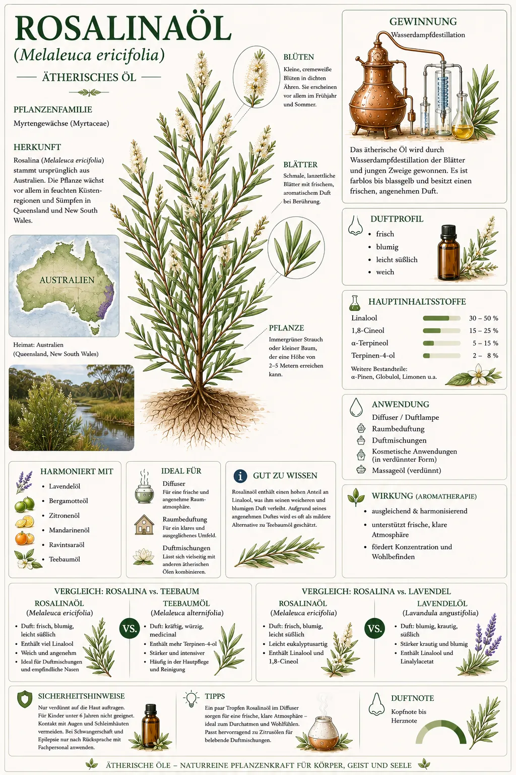 Botanische Illustration der Rosalina (Melaleuca ericifolia) mit Informationen zu Herkunft, Gewinnung, Duftprofil und den wichtigsten Eigenschaften des ätherischen Rosalinaöls.