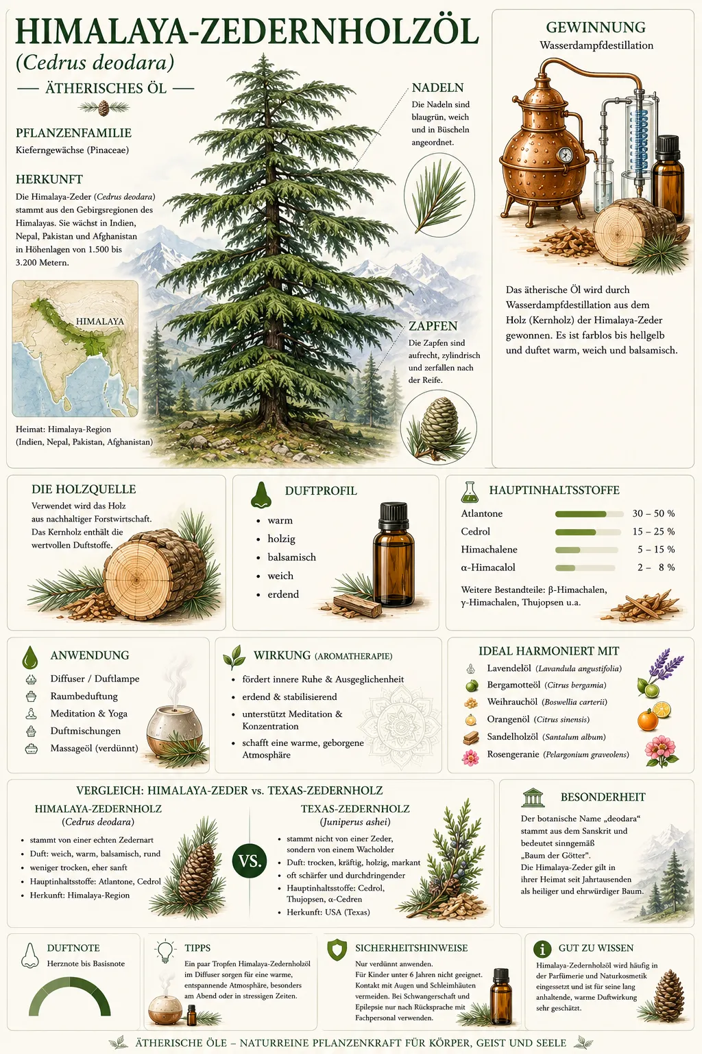 Botanische Illustration der Himalaya-Zeder (Cedrus deodara) mit Informationen zu Herkunft, Gewinnung, Duftprofil und den wichtigsten Eigenschaften des ätherischen Himalaya-Zedernholzöls.