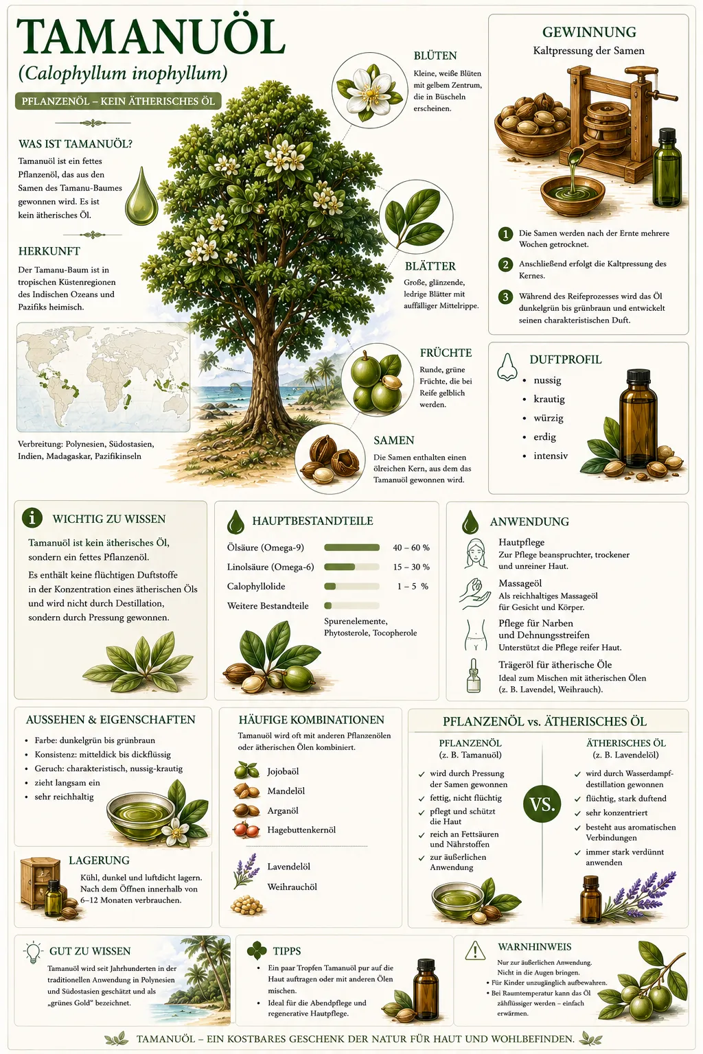 Botanische Illustration des Tamanu-Baumes (Calophyllum inophyllum) mit Informationen zu Herkunft, Samen, Ölgewinnung und den wichtigsten Eigenschaften des Tamanuöls.