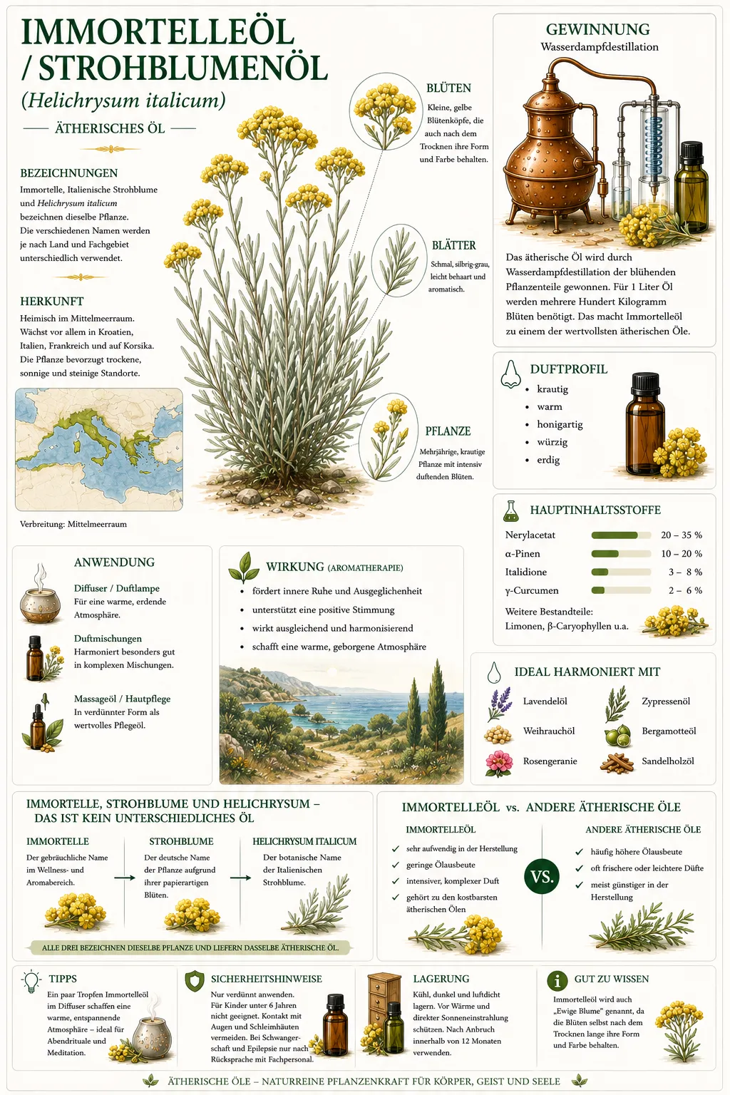 Botanische Illustration der Italienischen Strohblume (Helichrysum italicum) mit Informationen zu Herkunft, Gewinnung, Duftprofil und den wichtigsten Eigenschaften des ätherischen Immortelleöls.