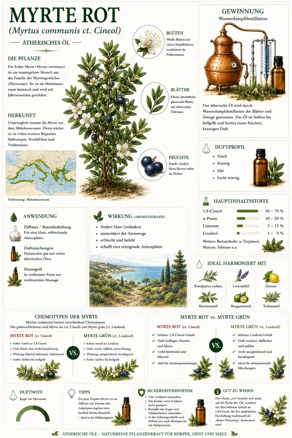 Botanische Illustration der Roten Myrte (Myrtus communis ct. Cineol) mit Informationen zu Herkunft, Gewinnung, Duftprofil und den wichtigsten Eigenschaften des ätherischen Myrtenöls rot.