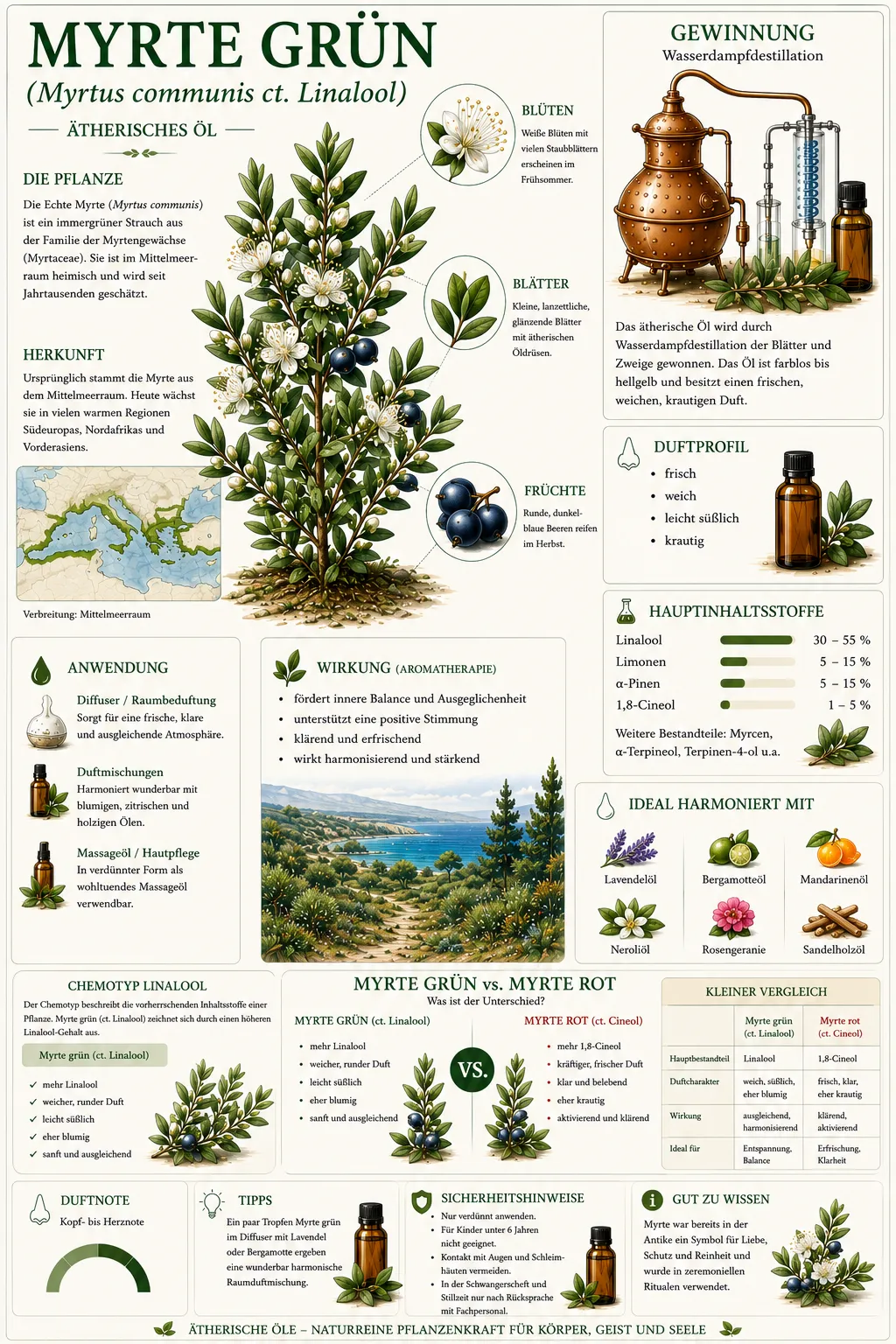 Botanische Illustration der Grünen Myrte (Myrtus communis ct. Linalool) mit Informationen zu Herkunft, Gewinnung, Duftprofil und den wichtigsten Eigenschaften des ätherischen Myrtenöls grün.