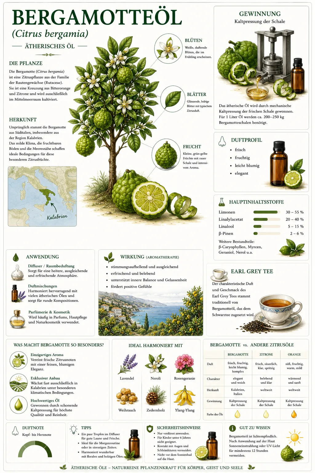 Botanische Illustration der Bergamotte (Citrus bergamia) mit Informationen zu Herkunft, Frucht, Ölgewinnung und den wichtigsten Eigenschaften des ätherischen Bergamotteöls.