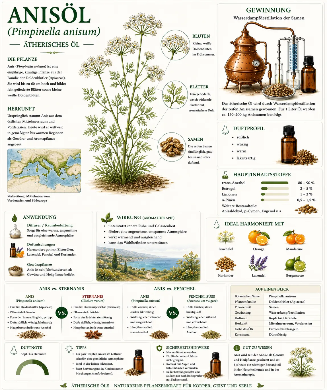 Botanische Illustration des Anis (Pimpinella anisum) mit Informationen zu Herkunft, Samen, Gewinnung und den wichtigsten Eigenschaften des ätherischen Anisöls.