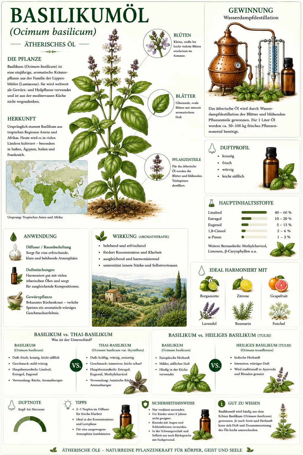 Botanische Illustration des Basilikums (Ocimum basilicum) mit Informationen zu Herkunft, Gewinnung, Duftprofil und den wichtigsten Eigenschaften des ätherischen Basilikumöls.