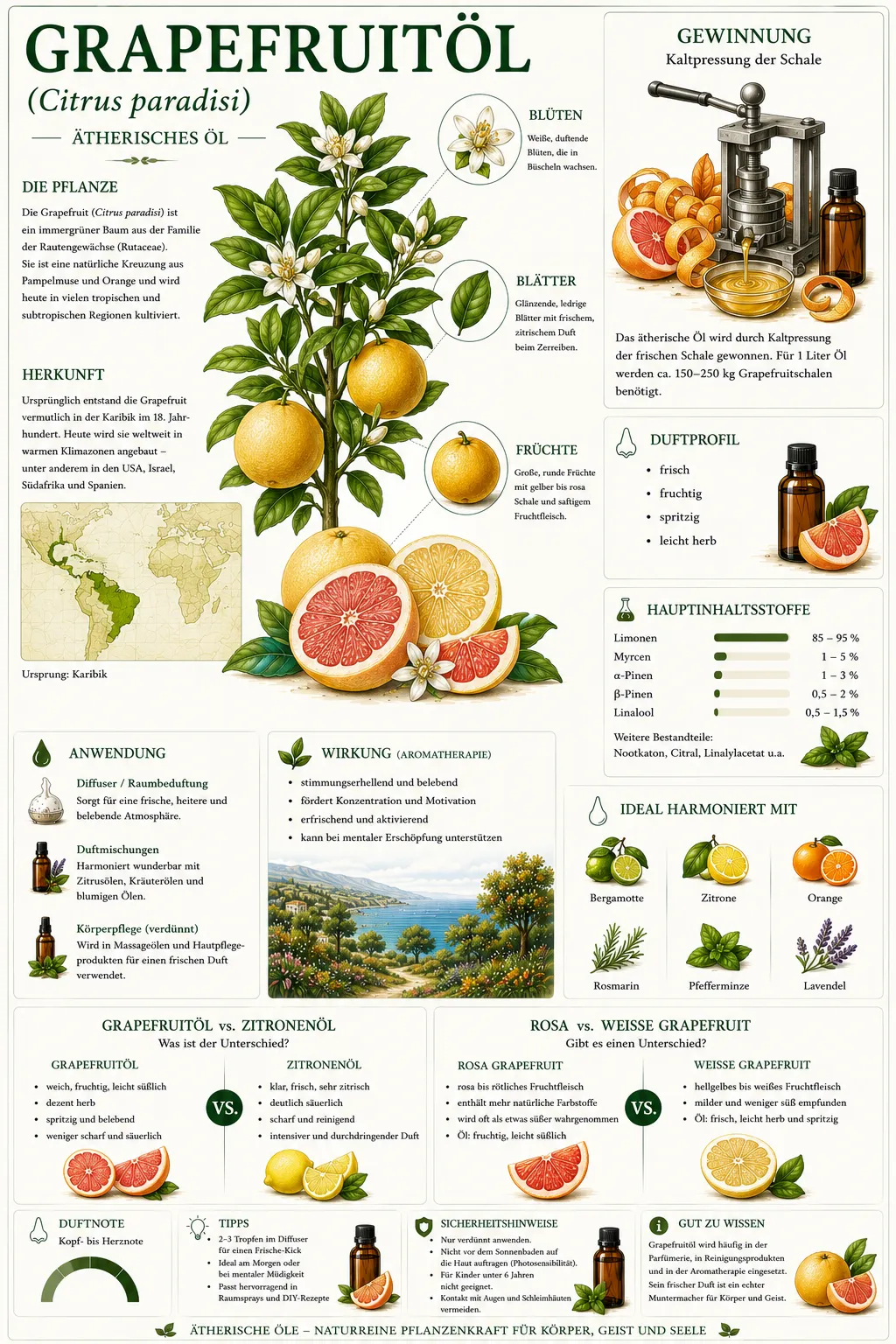 Botanische Illustration der Grapefruit (Citrus paradisi) mit Informationen zu Herkunft, Frucht, Ölgewinnung und den wichtigsten Eigenschaften des ätherischen Grapefruitöls.