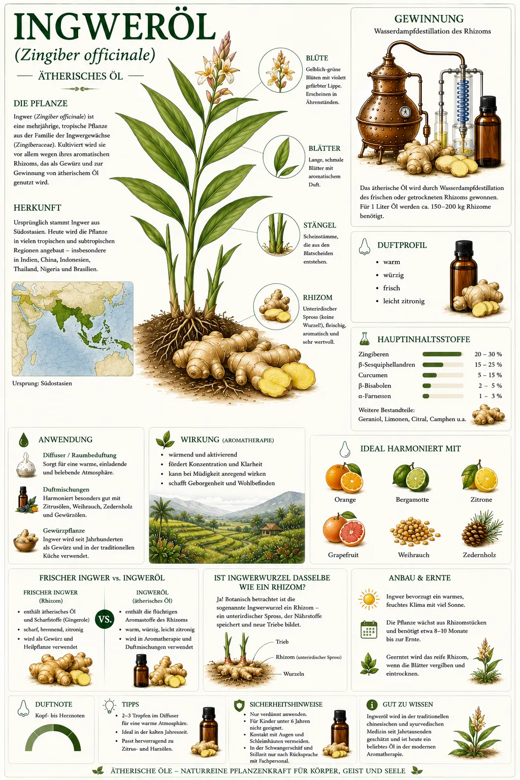 Botanische Illustration des Ingwers (Zingiber officinale) mit Informationen zu Herkunft, Rhizom, Gewinnung und den wichtigsten Eigenschaften des ätherischen Ingweröls.