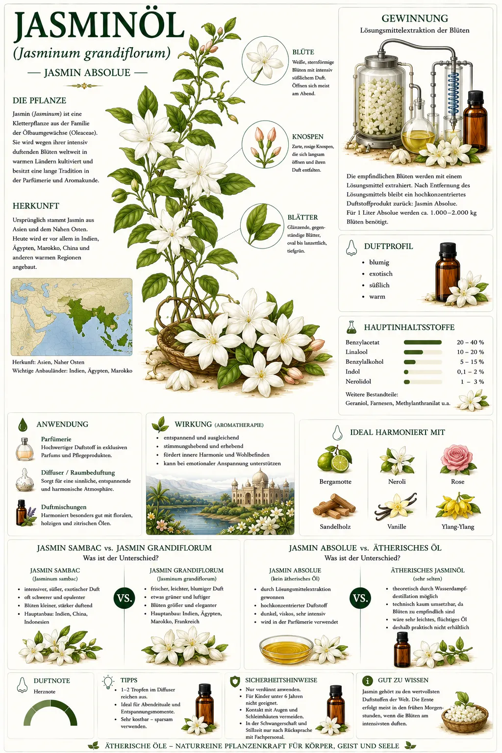 Botanische Illustration des Jasmins (Jasminum grandiflorum) mit Informationen zu Herkunft, Blüten, Gewinnung und den wichtigsten Eigenschaften des Jasminöls.