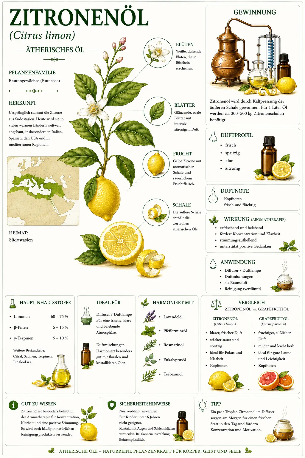Botanische Illustration des Zitronenöls (Citrus limon) mit Informationen zu Herkunft, Blüten, Gewinnung und den wichtigsten Eigenschaften des Zitronenöls.
