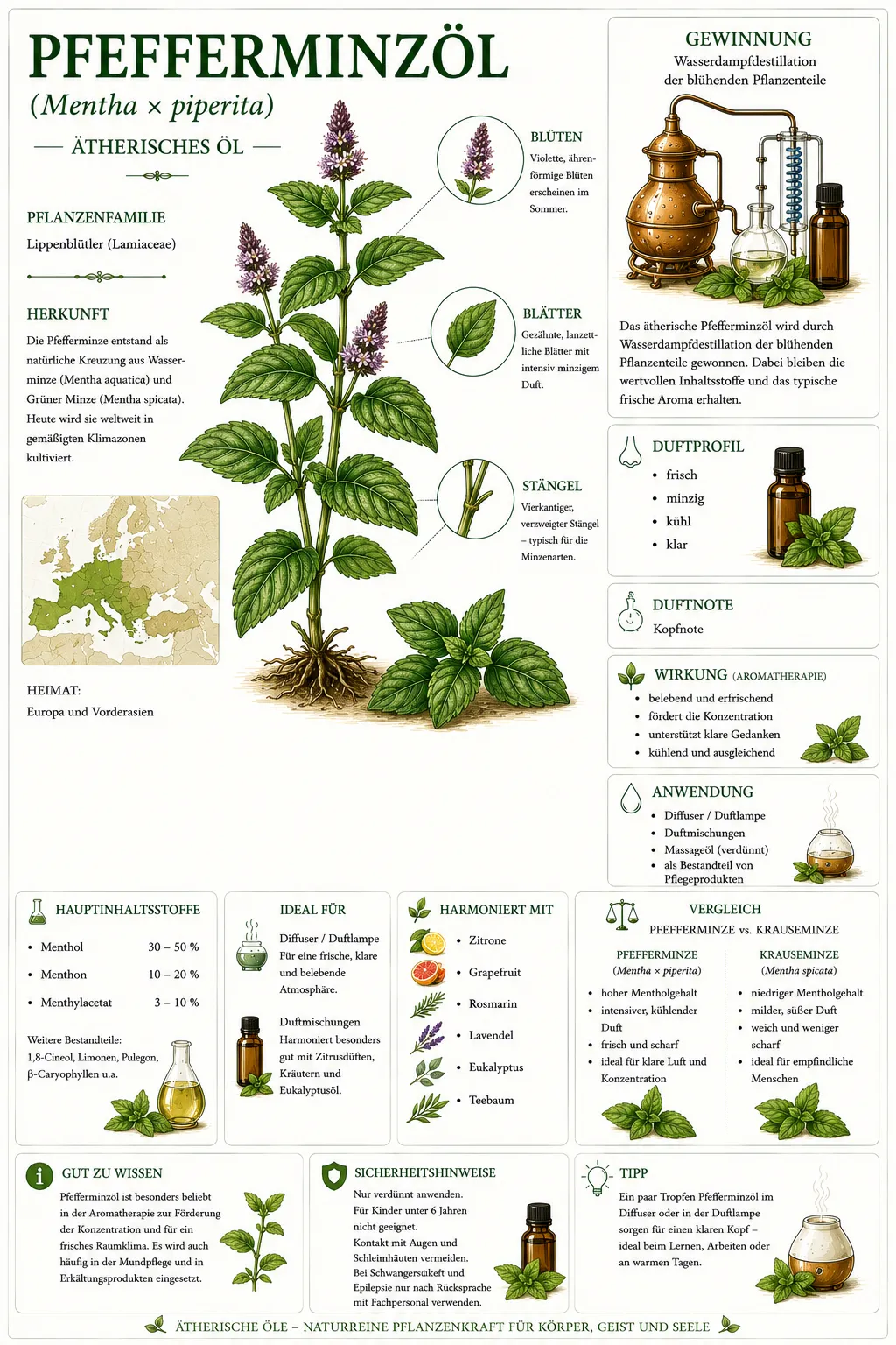 Botanische Illustration der Pfefferminze (Mentha × piperita) mit Informationen zu Herkunft, Gewinnung, Duftprofil und den wichtigsten Eigenschaften des ätherischen Pfefferminzöls.