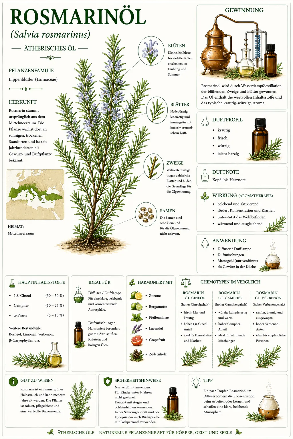 Botanische Illustration des Rosmarins (Salvia rosmarinus) mit Informationen zu Herkunft, Gewinnung, Duftprofil und den wichtigsten Eigenschaften des ätherischen Rosmarinöls.