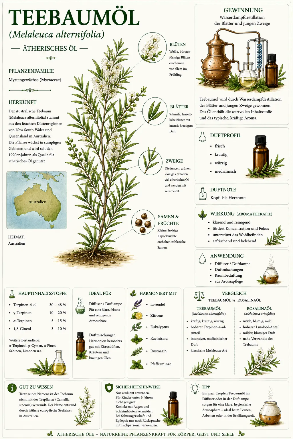 Botanische Illustration des Australischen Teebaums (Melaleuca alternifolia) mit Informationen zu Herkunft, Gewinnung, Duftprofil und den wichtigsten Eigenschaften des ätherischen Teebaumöls.