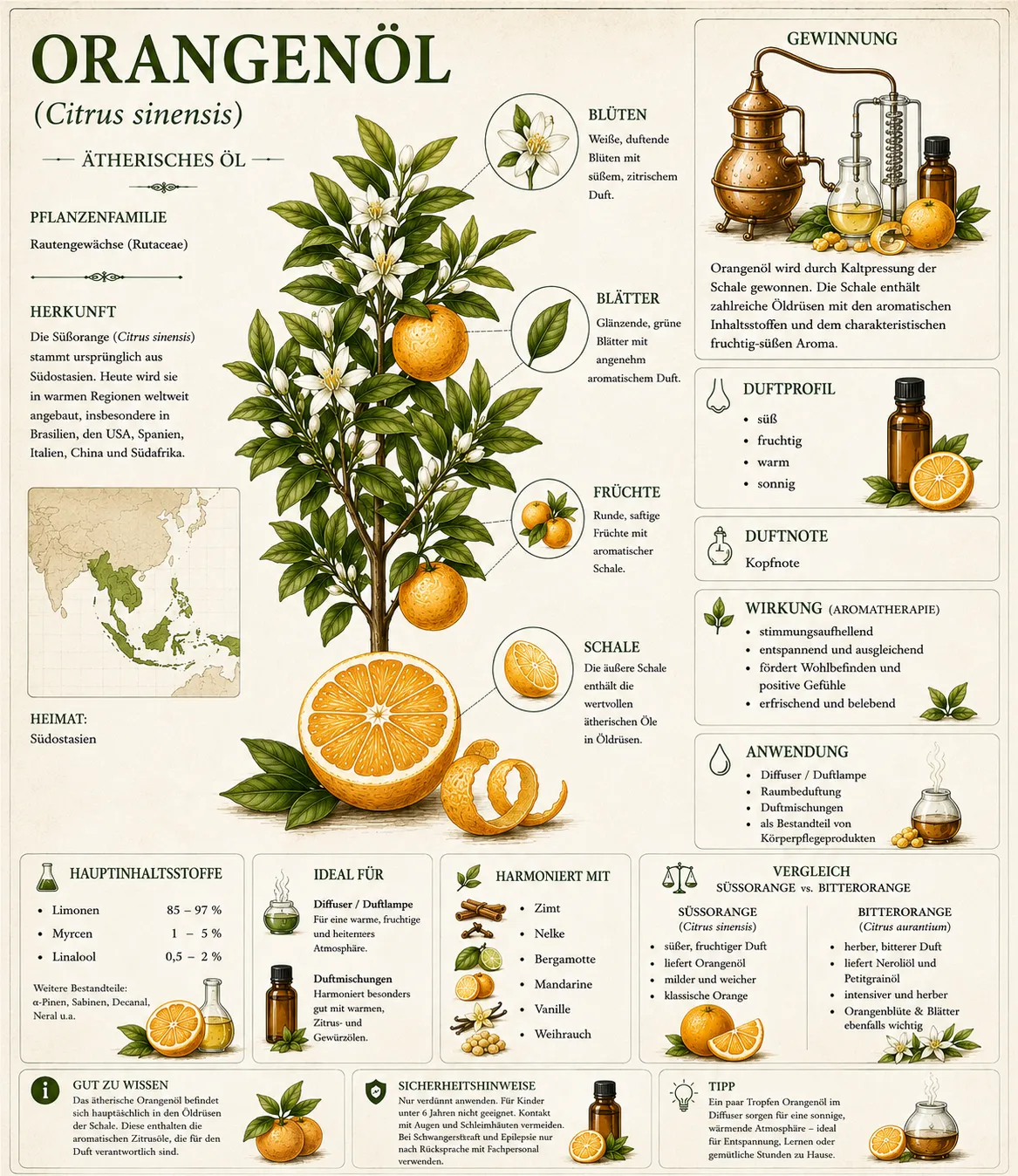 Botanische Illustration der Süßorange (Citrus sinensis) mit Informationen zu Herkunft, Frucht, Ölgewinnung und den wichtigsten Eigenschaften des ätherischen Orangenöls.
