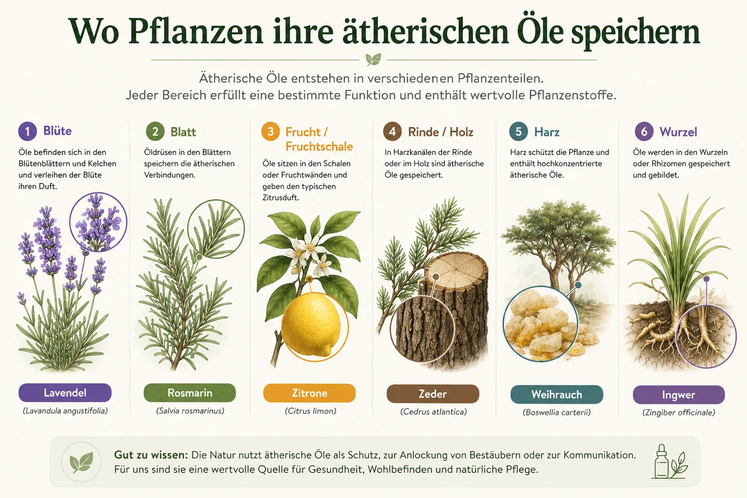 Illustration zeigt, wo Pflanzen ihre ätherischen Öle speichern: Blüte, Blatt, Fruchtschale, Rinde, Harz, Wurzel.