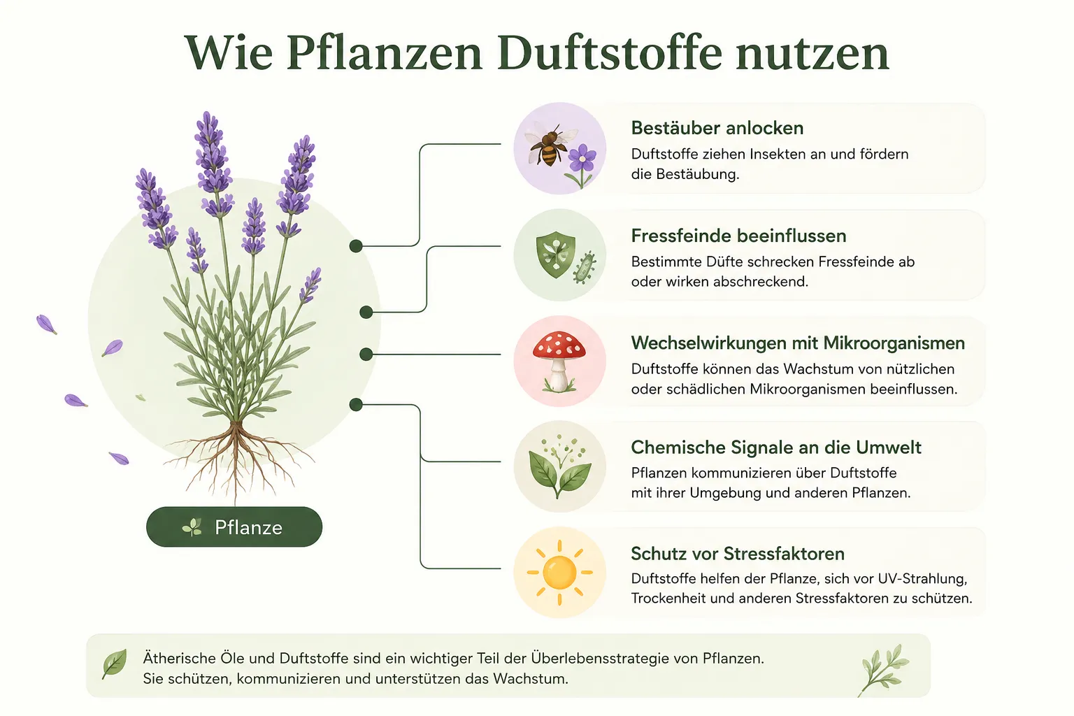 Lavendelpflanze mit Erklärungen, wie Pflanzen Düfte zur Bestäubung, Schutz, Kommunikation und Abwehr nutzen.