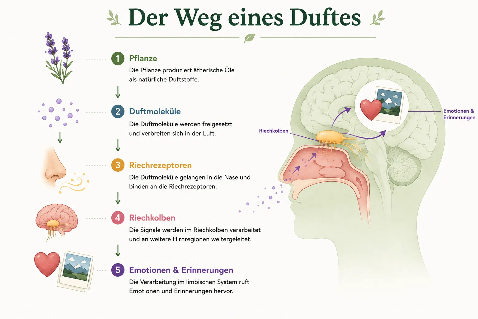 Grafik zeigt fünf Schritte, wie Duft von Pflanze über Duftmoleküle zur Nase, Hirn und Emotionen gelangt.