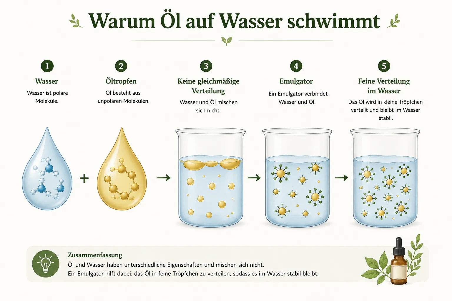 Illustration zeigt, warum Öl auf Wasser schwimmt durch Molekülstruktur und Emulgatorverteilung.