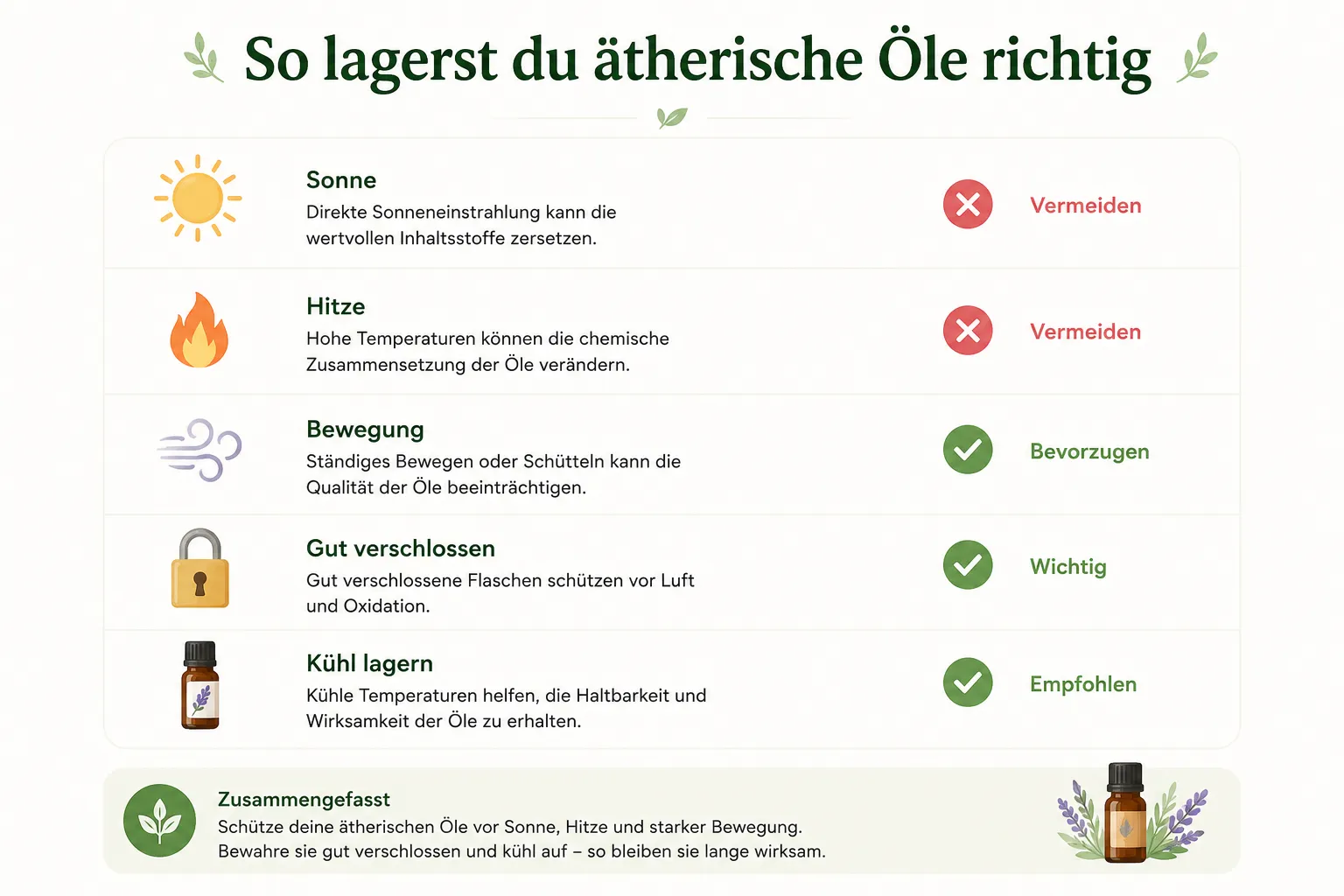 Tabelle zeigt, wie ätherische Öle vor Sonne, Hitze und Bewegung geschützt und kühl gelagert werden.