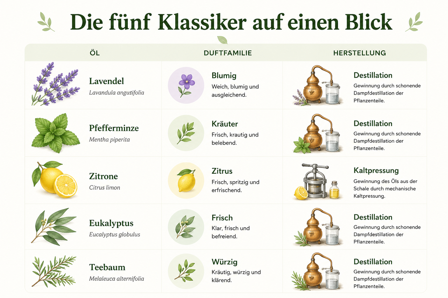 Tabelle mit fünf ätherischen Ölen, Duftfamilien und Herstellmethoden wie Destillation und Kaltpressung.
