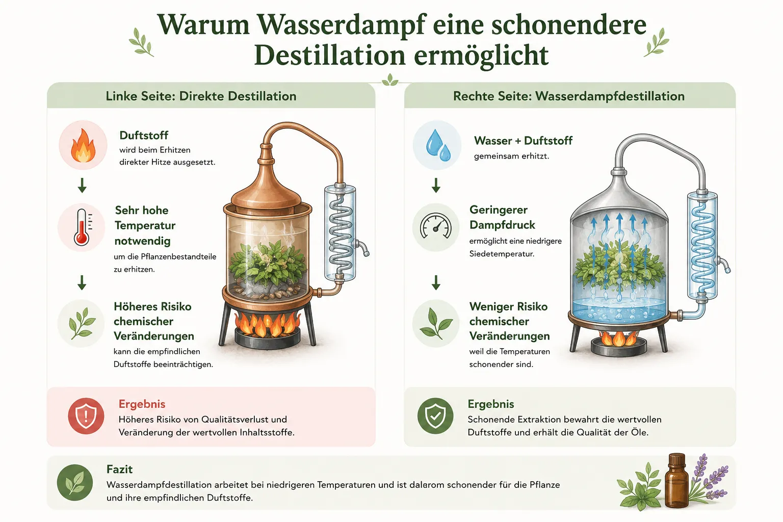 Vergleich von direkter Destillation und Wasserdampfdestillation mit Pflanzen, Temperaturen und Risiken.
