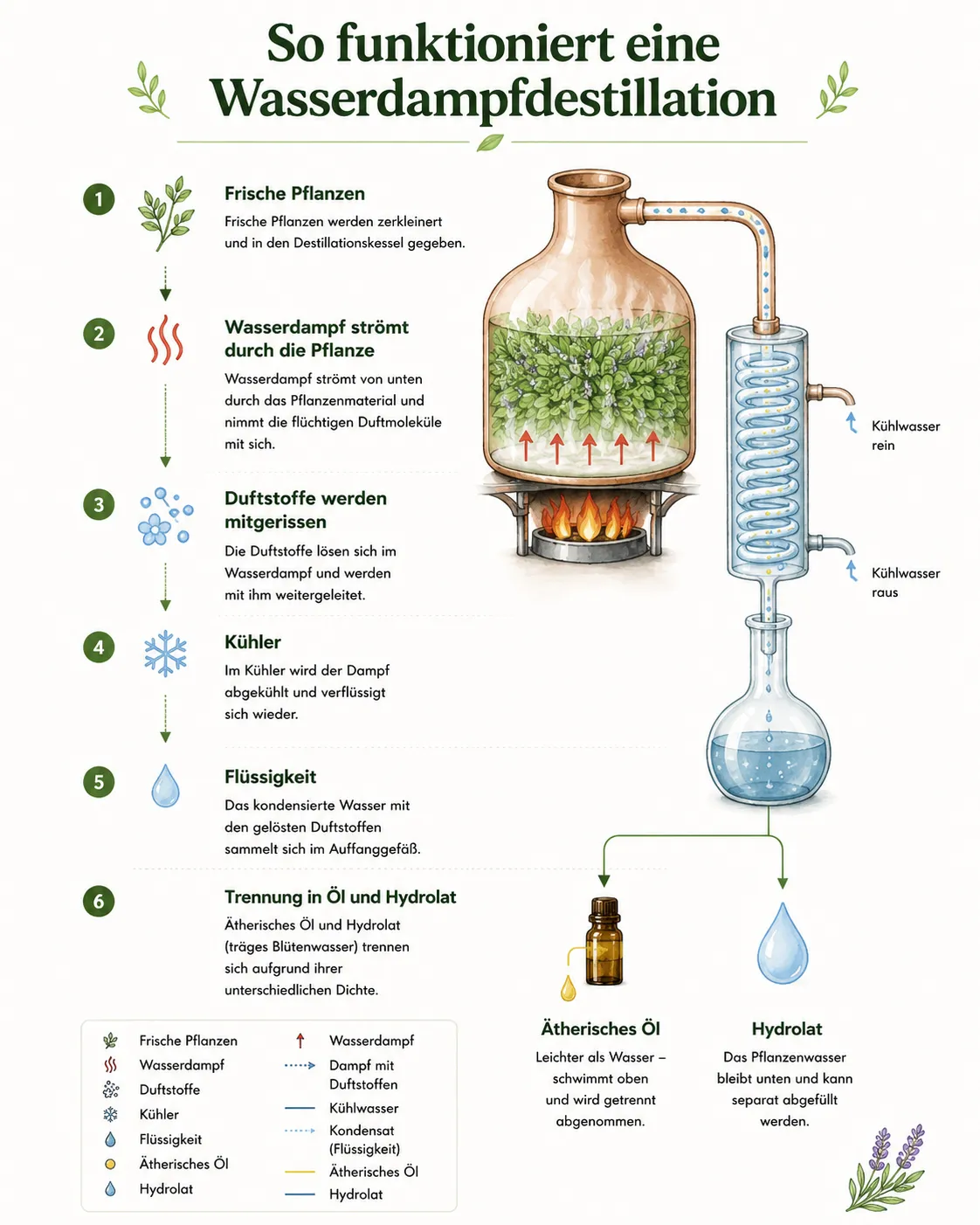 Illustration erklärt Wasserdampfdestillation mit Pflanzen, Dampf, Kühler, Flüssigkeit, Öl und Hydrolat.