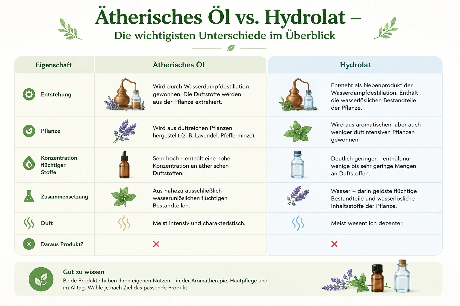Tabelle zeigt Unterschiede von ätherischem Öl und Hydrolat, z. B. Entstehung, Pflanze, Duft und Zusammensetzung.