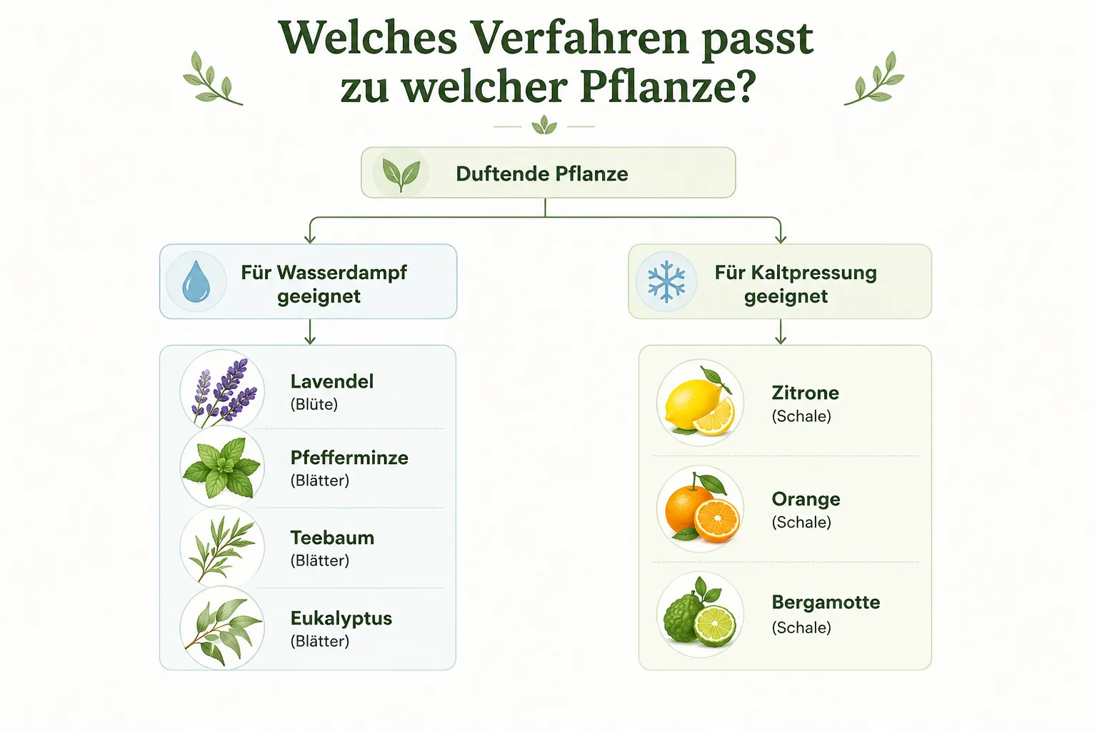 Diagramm zeigt, welche Pflanzen sich für Wasserdampf- oder Kaltpressungsverfahren eignen.