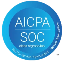 Blue circular AICPA SOC certification badge for Service Organizations with URL aicpa.org/soc4so