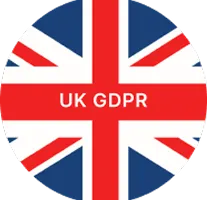 Union Jack flag with red banner across the center displaying the text 'UK GDPR'.
