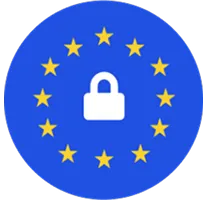 Blue circle with yellow stars arranged like the European Union flag surrounding a white padlock icon in the center.