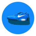 Blue Nike Air Max sneaker with black swoosh on a blue circular background.