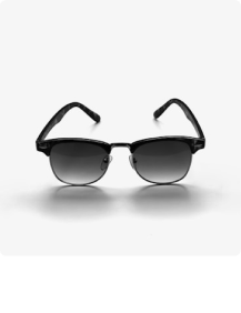 Black-framed sunglasses with gradient dark lenses on a white background.