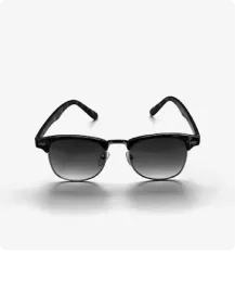 Black-framed sunglasses with gradient dark lenses on a white background.