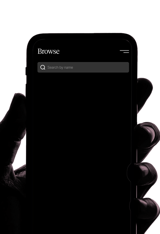 Hand holding smartphone displaying a browsing screen with a search bar labeled 'Search by name'.